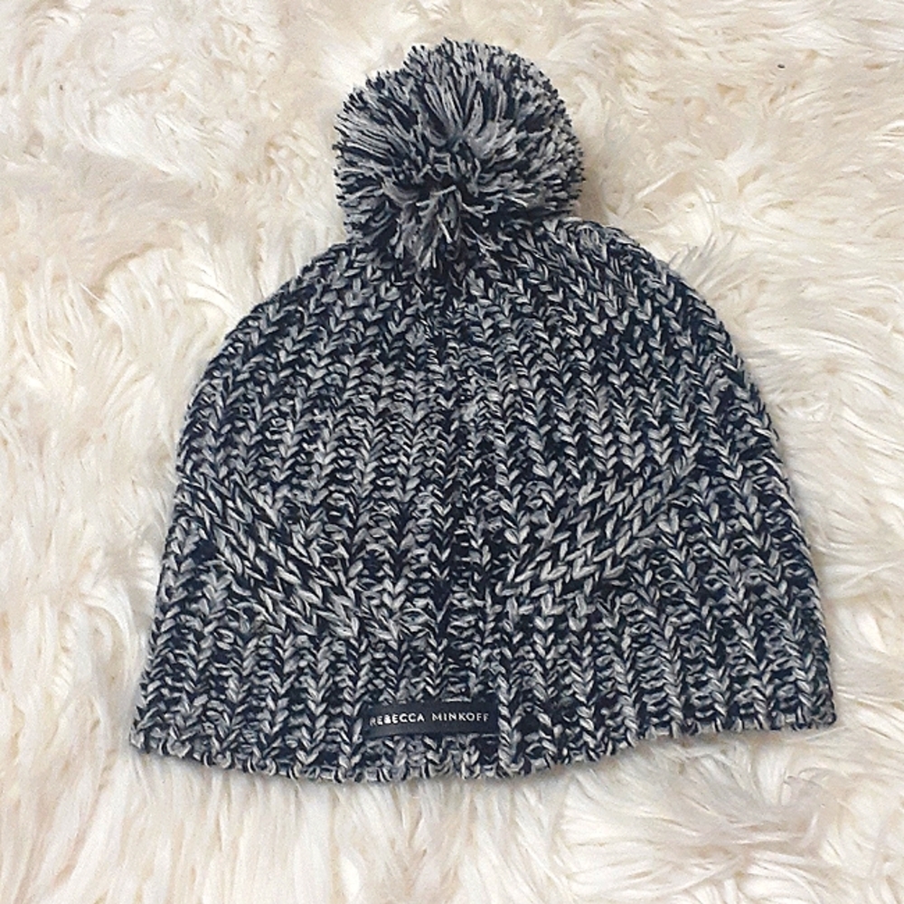 Rebecca Minkoff Grey Black White Pom Pom Beanie